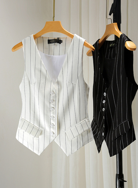 显瘦好搭配免烫西装面料条纹OL短款女士马甲背心V领单排扣大码