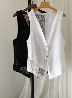 原创时髦夏季深V领单排扣修身棉麻拼接蕾丝单马甲外穿薄款马夹女