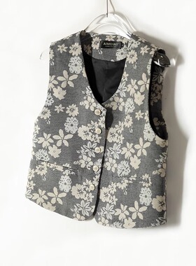 新中式国风春秋新款复古色织棉麻提花马甲女短款百搭背心