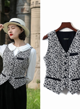 2023秋冬新款韩版提花收腰马甲碎花V领单排扣撞色马夹背心女士潮