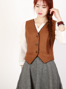 秋冬欧美复古短款花边装饰修身麂皮绒马甲女装无袖上衣薄款马夹潮