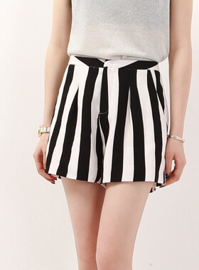 AIMEHAO高腰A字裤 夏季清仓复古小清新显瘦条纹短裤雪纺阔腿裤