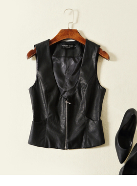 秋冬新款拉链显瘦修身仿皮马甲背心短款黑色潮