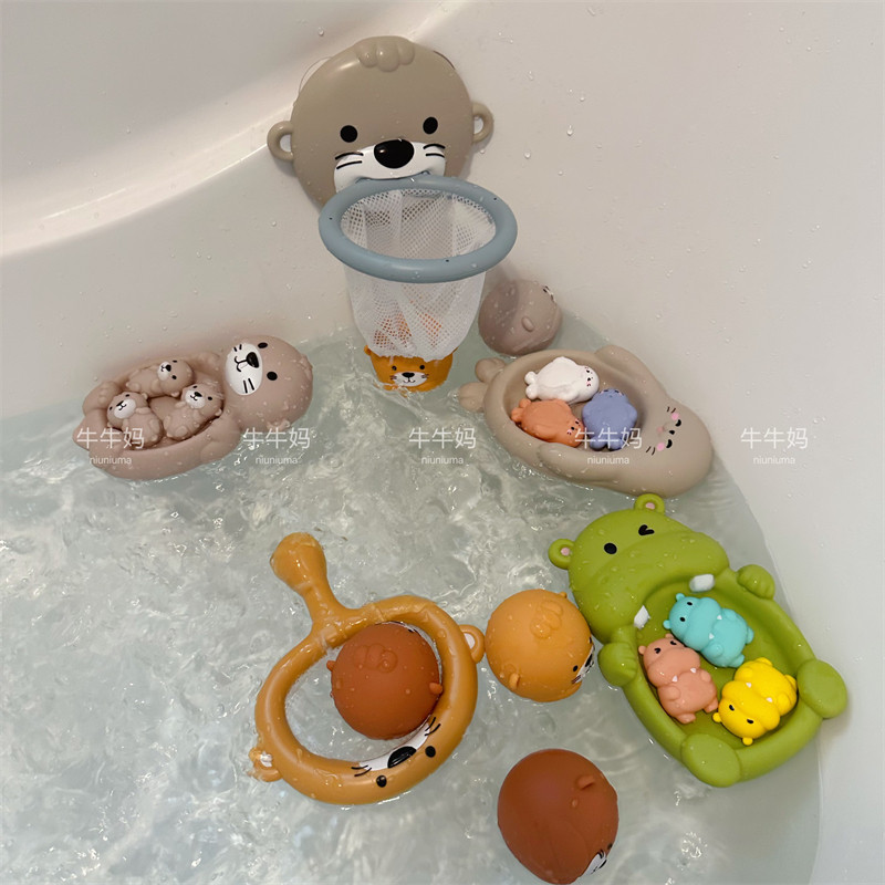 宝宝浴室戏水洗澡玩具动物水獭河马网捞投篮密封漂浮球儿童沐浴