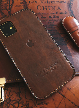 适用iphone17苹果16promax手工染色真皮头层牛皮复古全包13mini手机壳15苹果14pro