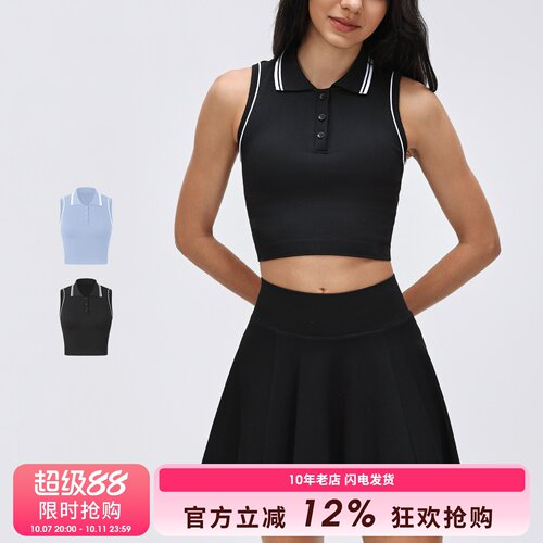 SLIMMO带胸垫运动背心女无袖翻领polo衫网球服跑步训练健身瑜伽服