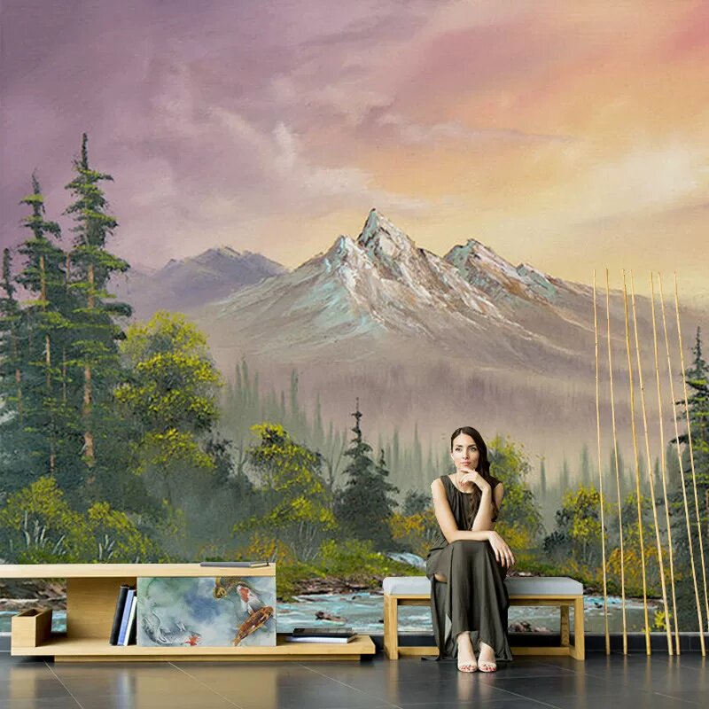 定制壁画山水风景客厅沙发电视背景墙壁纸小清新田园餐厅卧室油画
