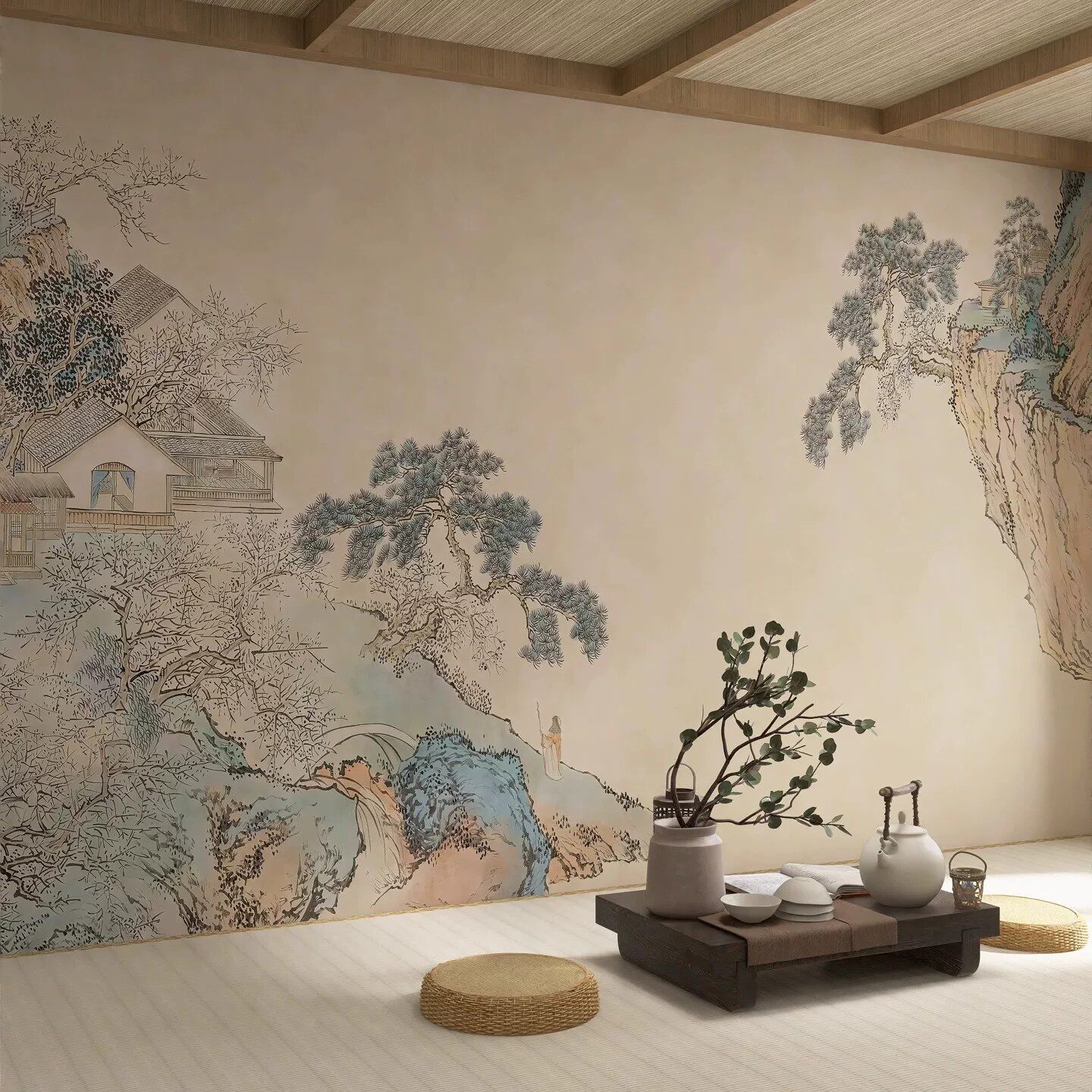 新中式山水国画背景墙定制壁画