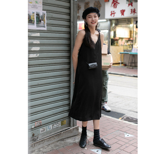 觅定黑色吊带裙女夏内搭打底裙雪纺连衣裙春秋长款 裙子长裙小黑裙