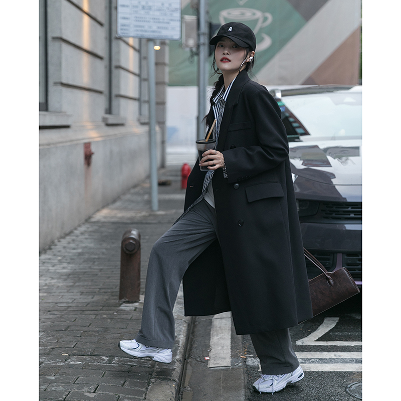 觅定高级感中长款西装外套女秋A冬设计感小众大衣风衣新款小个子