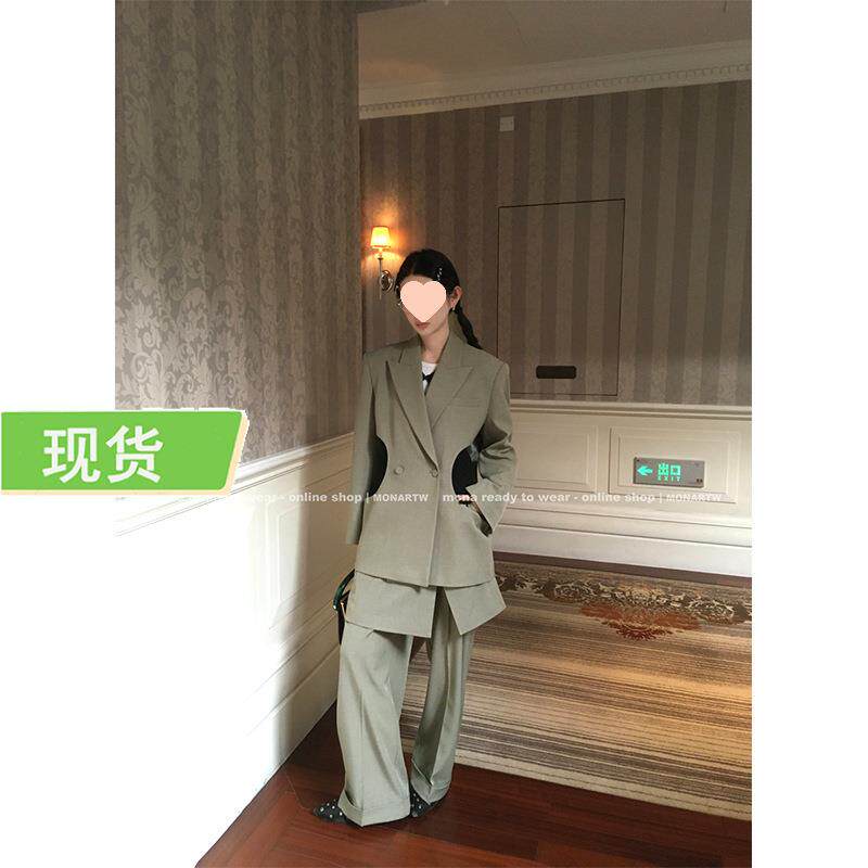 Mona家 独特漂亮时尚休闲西装外套 中腰半裙裤子两件套装女小个子