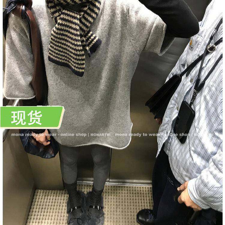 Mona家 100羊毛 灰色粉色oversize短袖针织衫上衣女内搭外穿小个