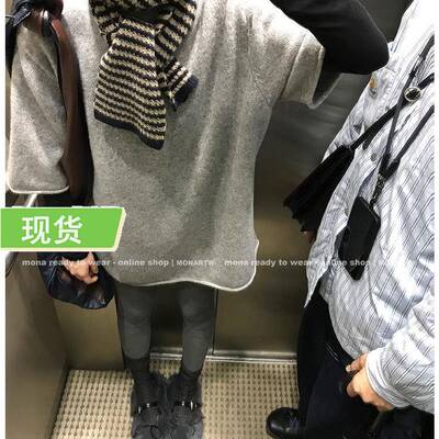 Mona家 100羊毛 灰色粉色oversize短袖针织衫上衣女内搭外穿小个