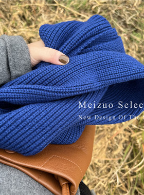 坑条毛线克莱茵蓝色围巾女男冬季小尺寸韩保暖围脖显白纯色情侣