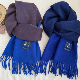 蓝调!冬日恋歌1OO%纯羊毛围巾女冬季撞色流苏保暖围脖亲肤氛围感