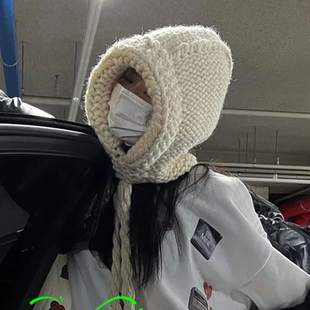 美作韩版洋气包头帽辫子毛线帽女保暖小红帽圣诞新年氛围感时尚