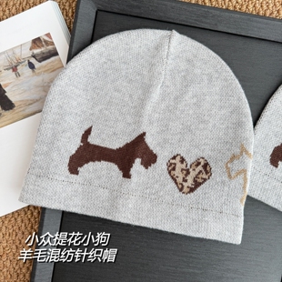 美作定制北欧小众提花狗狗羊毛混纺针织冷帽秋冬女保暖帽毛线冷帽