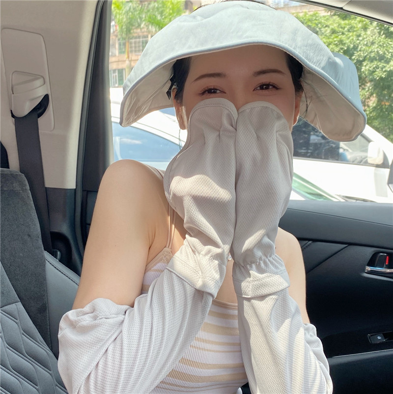 黑KE技蜂窝面料日本UV骑车开车防晒袖套手套护指冰袖宽松夏季女灰