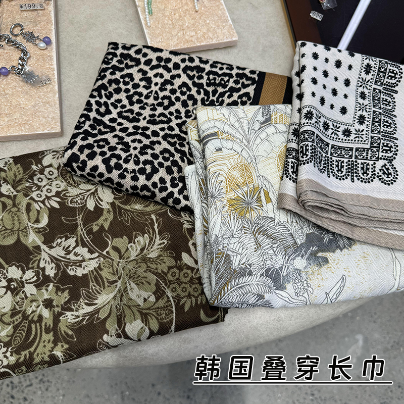 vintage韩国复古碎花豹纹围巾女秋冬棉麻长款绿咖色叠搭长条丝巾