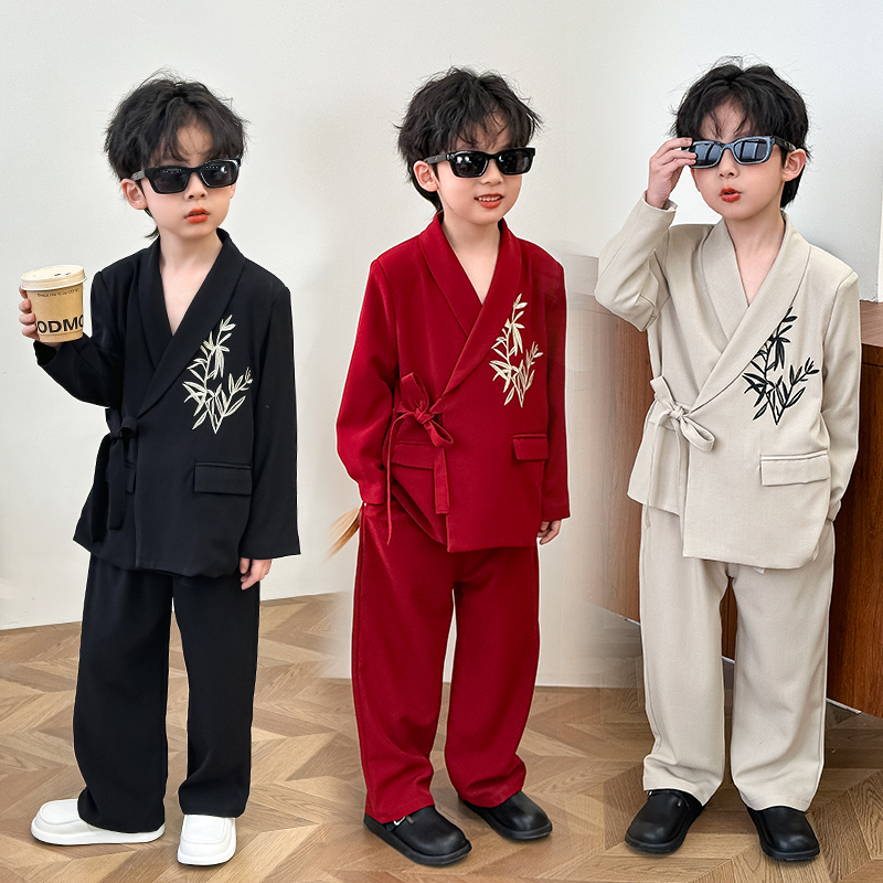 春秋新中式男童汉服古风西装套装刺绣儿童外套帅气唐装礼服演出服