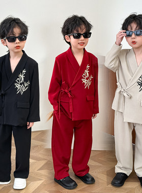 春秋新中式男童汉服古风西装套装刺绣儿童外套帅气唐装礼服演出服