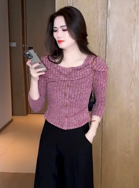 紫色洋气衣服长袖衬衫女2025秋季新款气质收腰显瘦花边短款上衣
