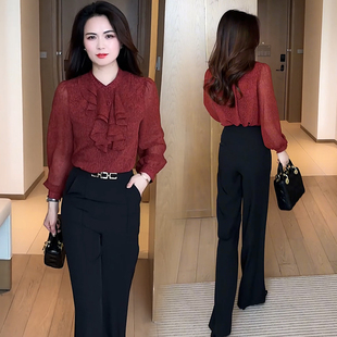 爆款国风雪纺衬衣女长袖上衣2025夏秋荷叶边衬衫设计感气质打底