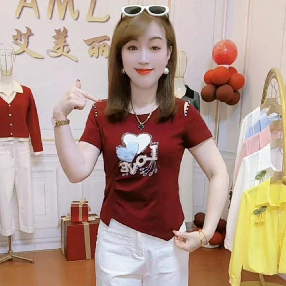 春夏爱心烫钻显瘦短袖T恤女