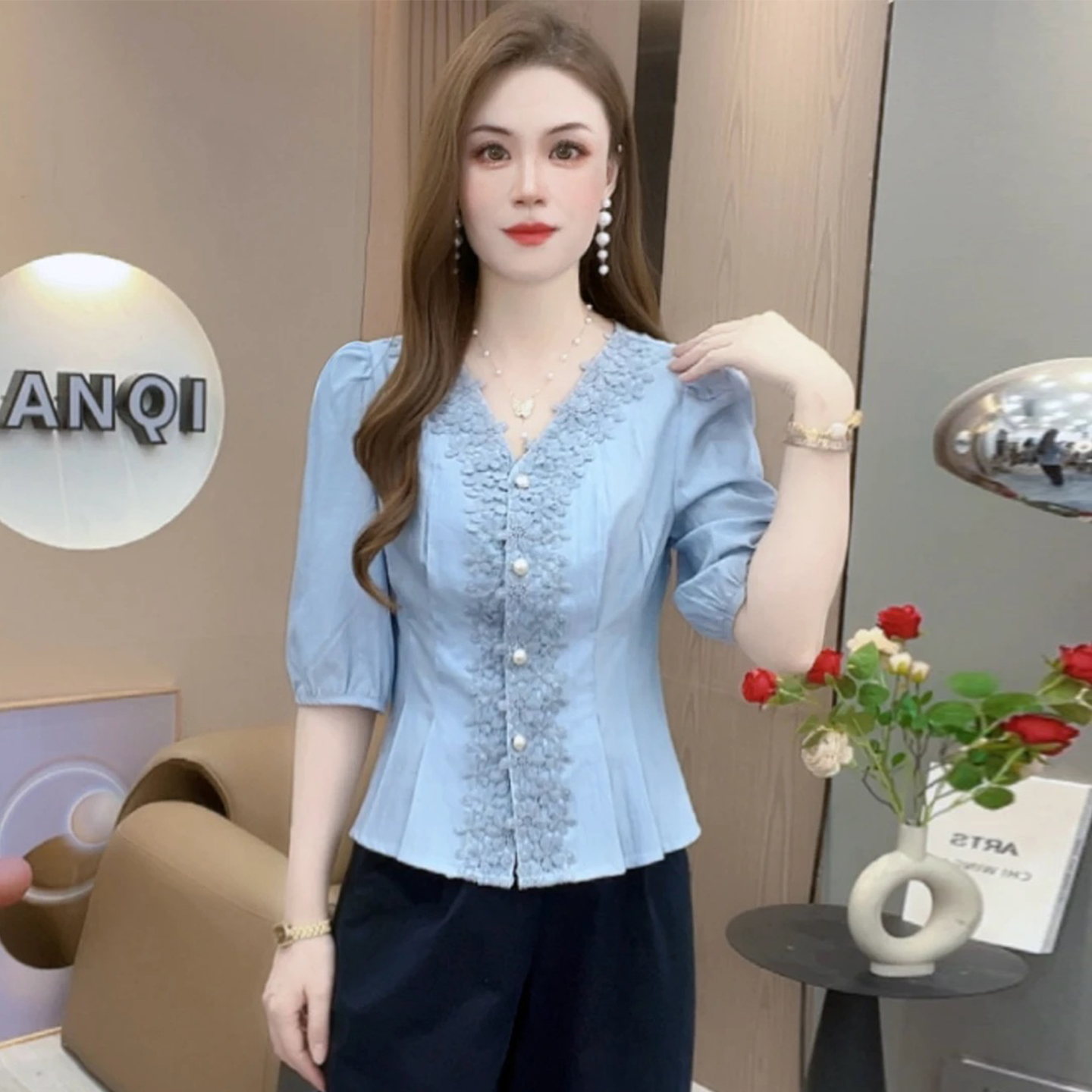 小个子女装洋气衣服女七分袖衬衫