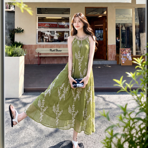 【大货已出】绿色绣花领子钉珠连衣裙2B175-8524-P145控238图片