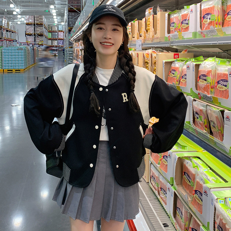 美式复古拼接棒球服外套女2023春秋款今年流行小个子休闲夹克上衣,女装短外套,浙宝229