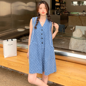 度假风松弛感无袖牛仔连体裤女夏2025年新款休闲时尚减龄短款裙裤图片