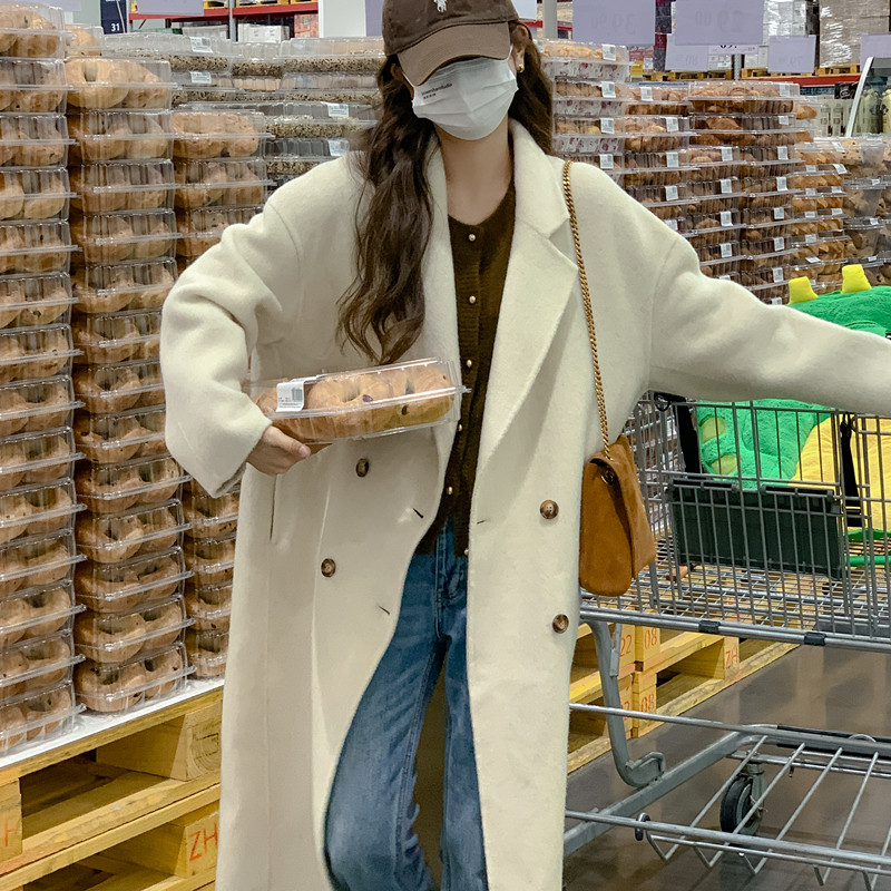 超好看奶白色双面羊绒大衣女秋冬2024新款韩系慵懒风毛呢西装外套,女装毛呢外套,浙宝229