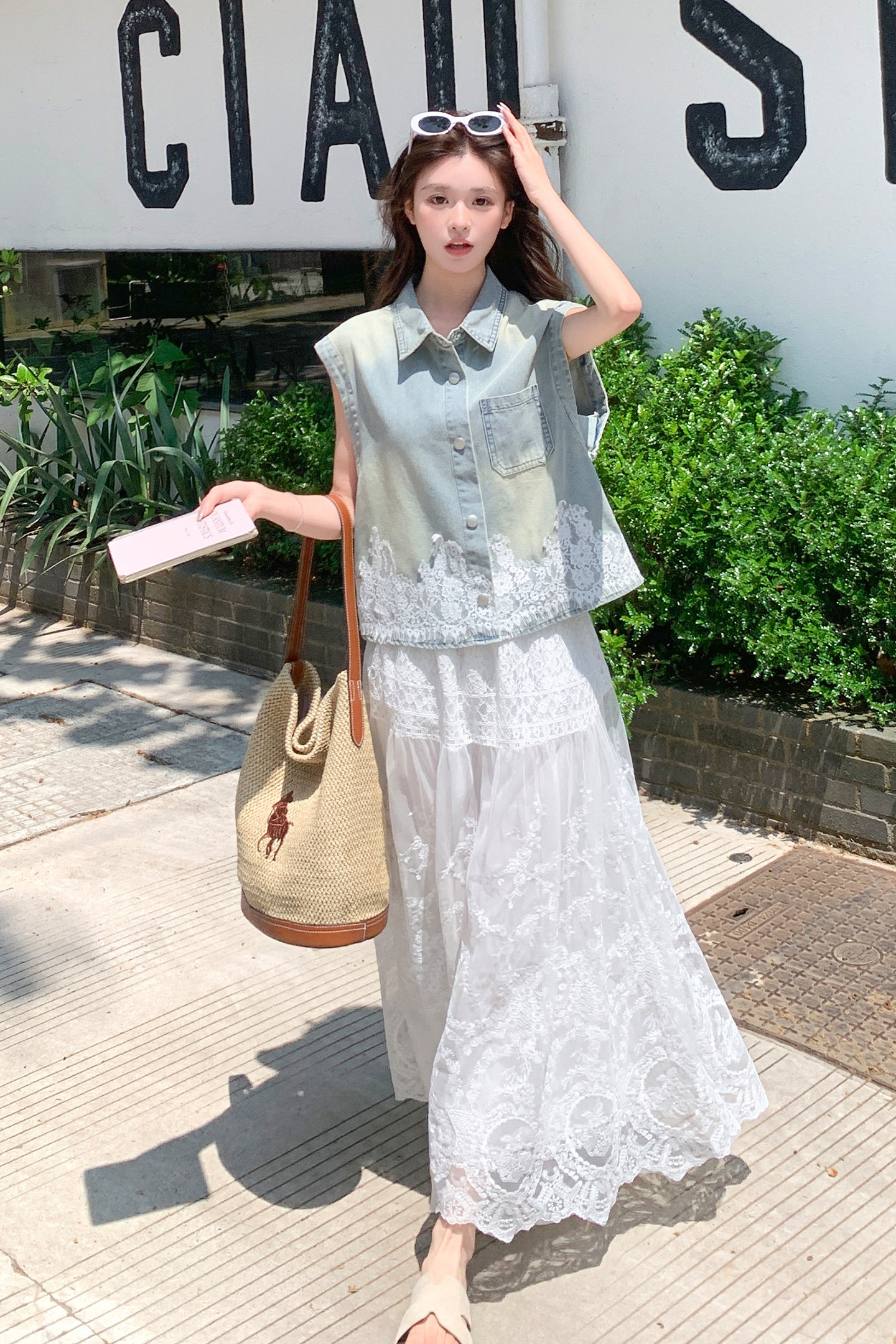 【大货】蕾丝拼接牛仔马甲+蕾丝裙套装2B175-8516-P185控298,女装套装/套裙,浙宝229