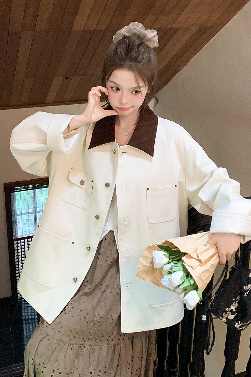 【现货】米白色撞色领子工装外套2B175-8325-P155控228,女装短外套,浙宝229
