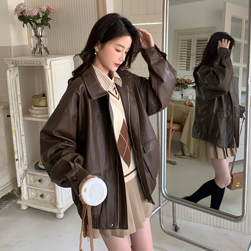 韩风chic机车皮衣夹克女2025春季新款美式复古小个子百搭上衣外套,女装皮衣,浙宝229