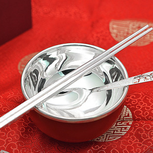 百寻s99纯银碗筷勺套装 生日婚庆银餐具银筷子银碗贺寿新人银礼物