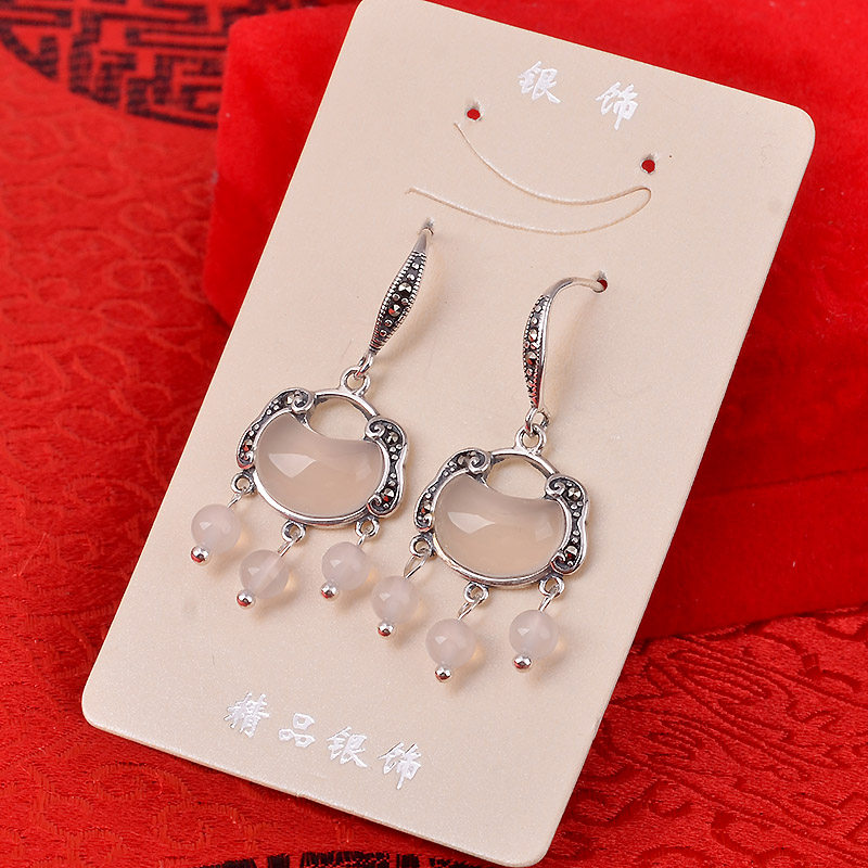 百寻925银女生百搭耳坠古典民族风长命锁耳吊复古个性耳钉