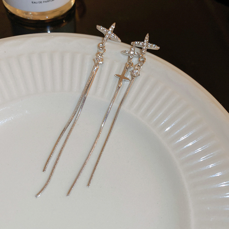 长款适合圆脸的耳环镶钻芒星蛇骨链流苏耳坠女不对称设计耳钉银针