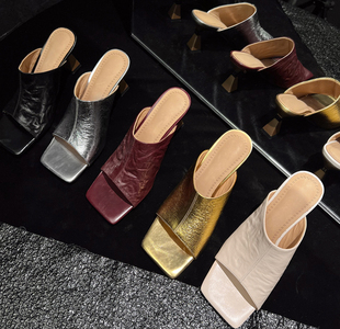 简约米白色高跟一字拖女头层牛皮方头酒杯跟真皮凉拖夏季外穿皮托