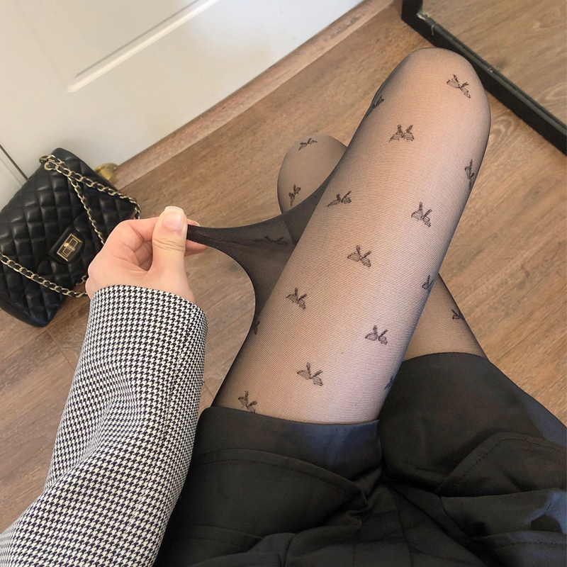 小圆点黑丝袜女秋冬薄款防勾丝爱心黑色连裤袜ins性感蝴蝶结黑丝