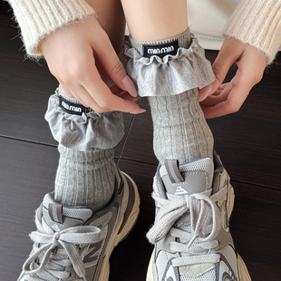 浅灰色小腿袜女秋冬款 lolita棉质短袜子甜美花边jk白色中筒堆堆袜