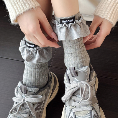 浅灰色短袜子秋冬棉质中筒堆堆袜