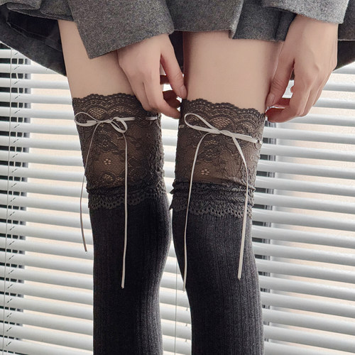灰色过膝袜格雷系蕾丝花边长筒袜