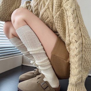 JK白色小腿袜女秋冬款 条纹黑色棉堆堆袜咖啡色靴子袜子灰色中筒袜