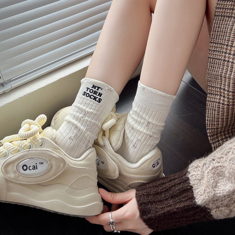 秋冬ins潮袜女米白色棉质中筒袜