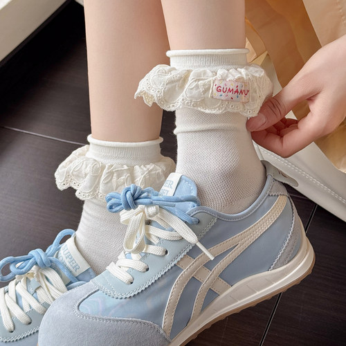 Lolita甜美蕾丝花边米白色中筒袜