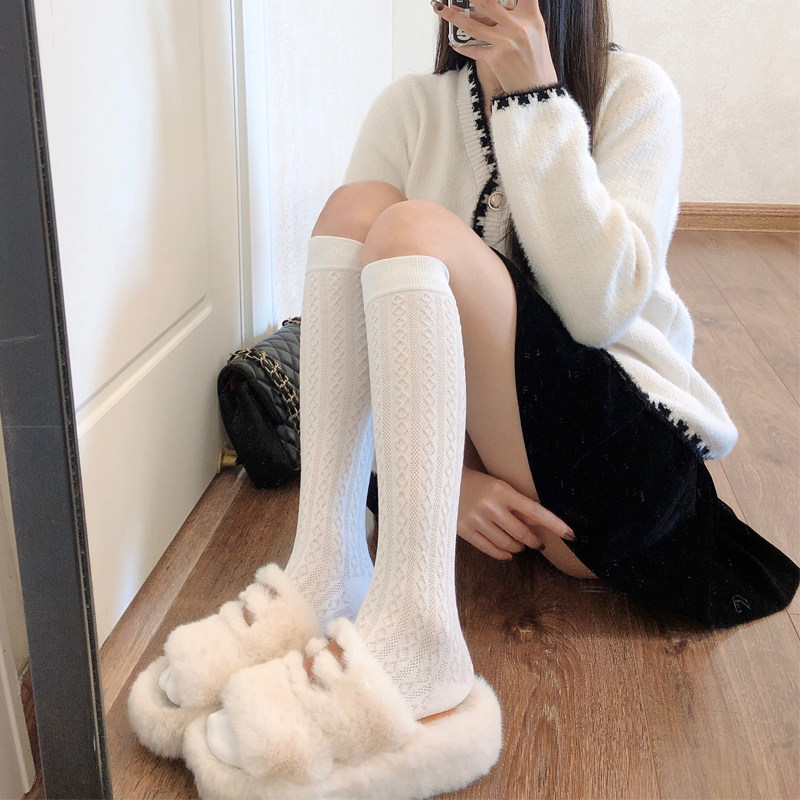 秋冬棉质黑色中筒袜子女Lolita麻花纹堆堆袜日系甜美jk白色小腿袜