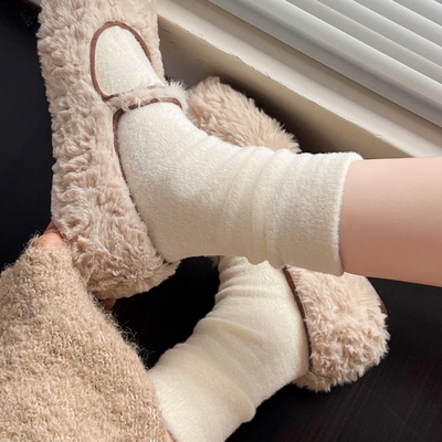 秋冬款毛绒奶白色短袜子女韩国灰色中筒袜加厚保暖咖啡色堆堆袜