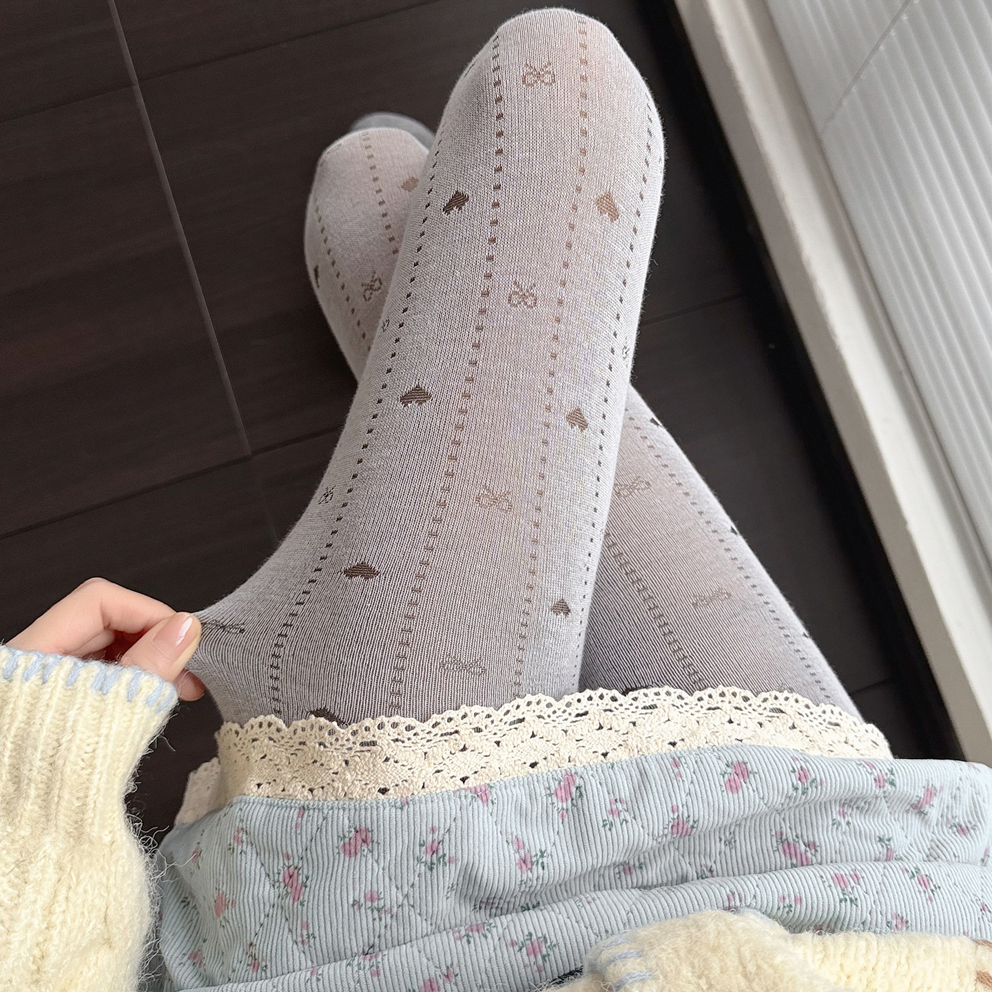 秋冬款甜美爱心蝴蝶结灰色连裤袜